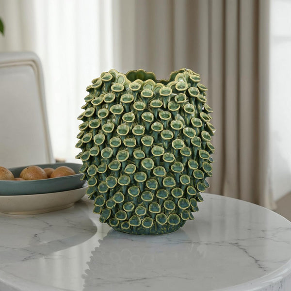 Nina Decorative Vase, Textured Green Ceramic, Abstract Coral, 13 Inch -BM331052