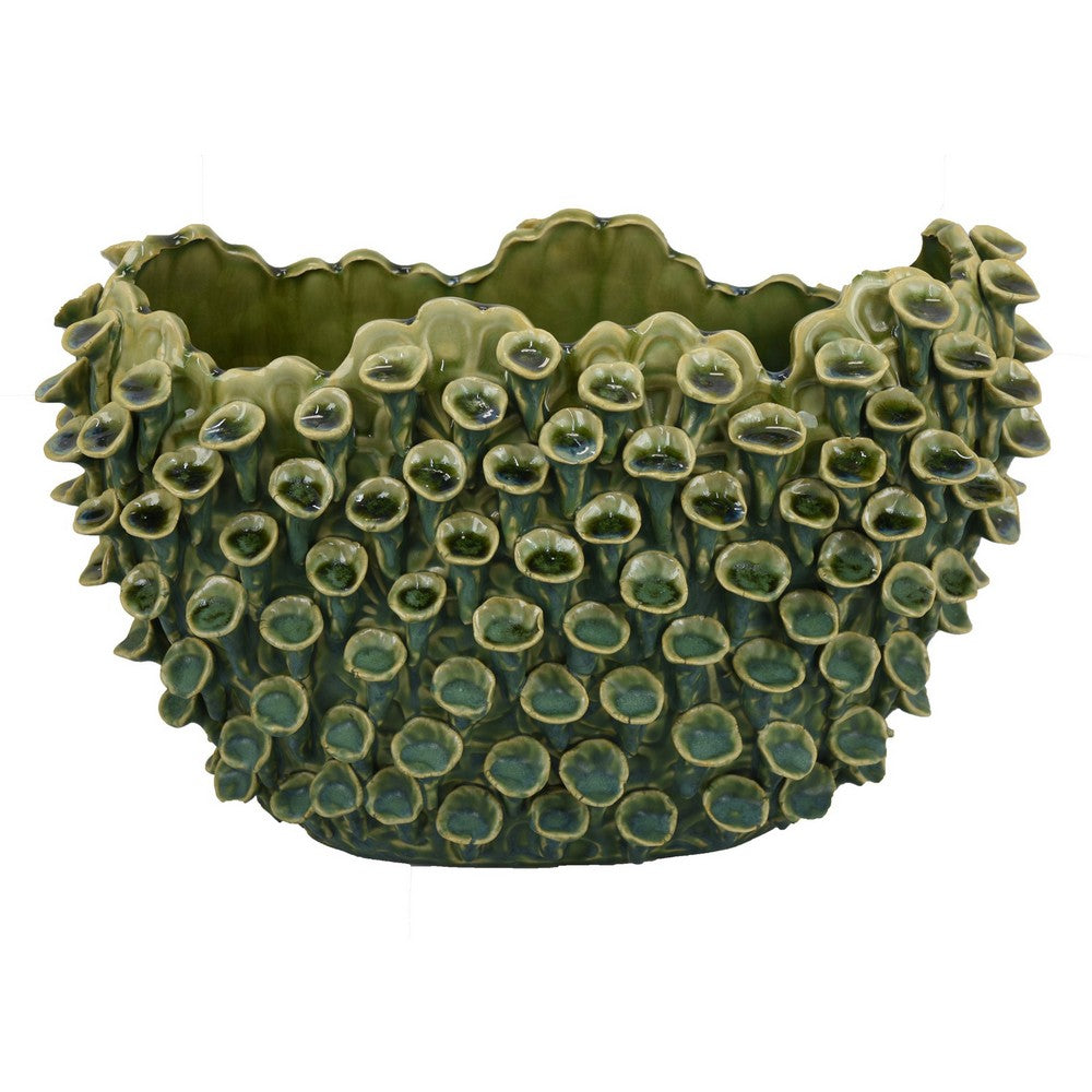 Nina Decorative Bowl, Textured Green Ceramic, Abstract Coral 14 Inch -BM331053