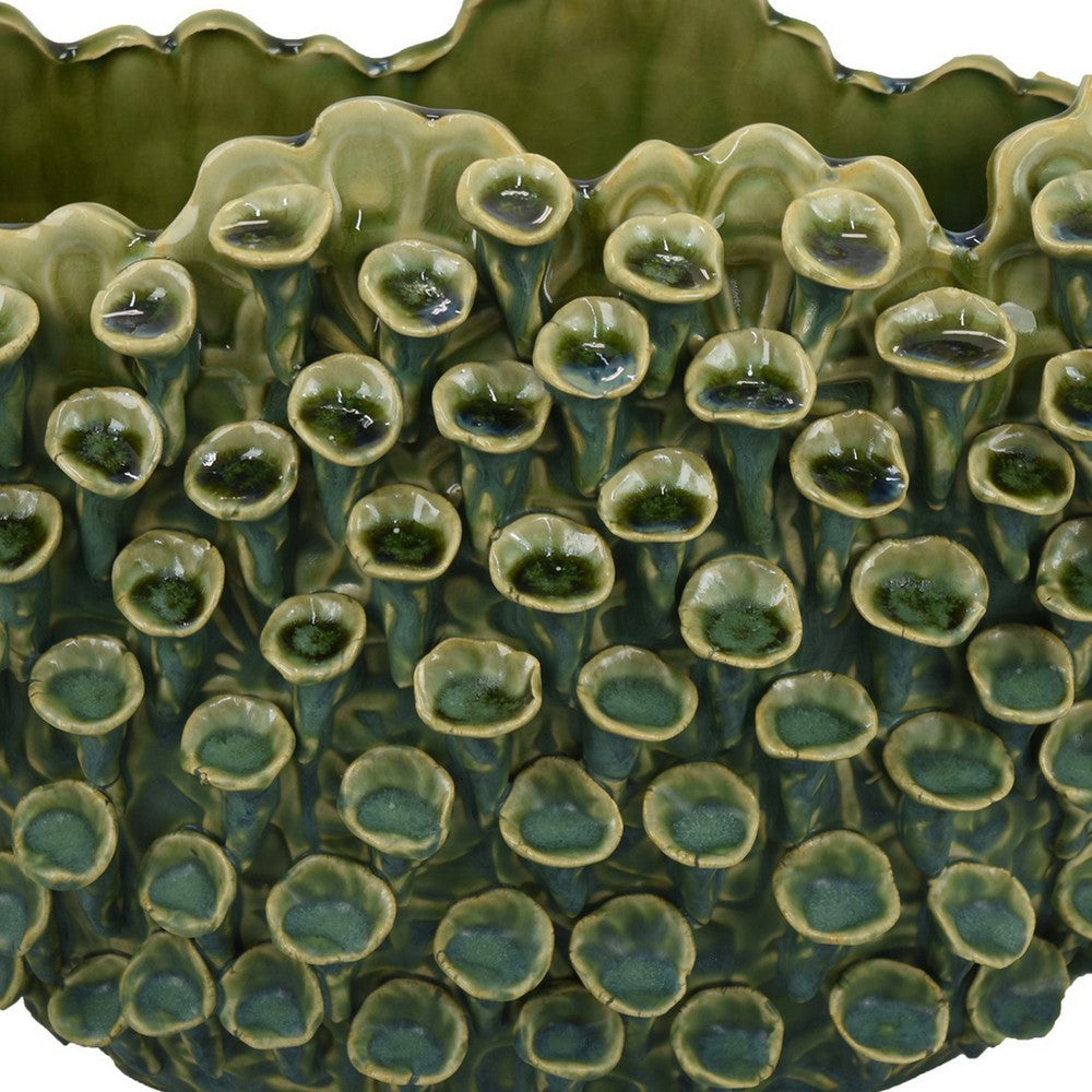 Nina Decorative Bowl, Textured Green Ceramic, Abstract Coral 14 Inch -BM331053