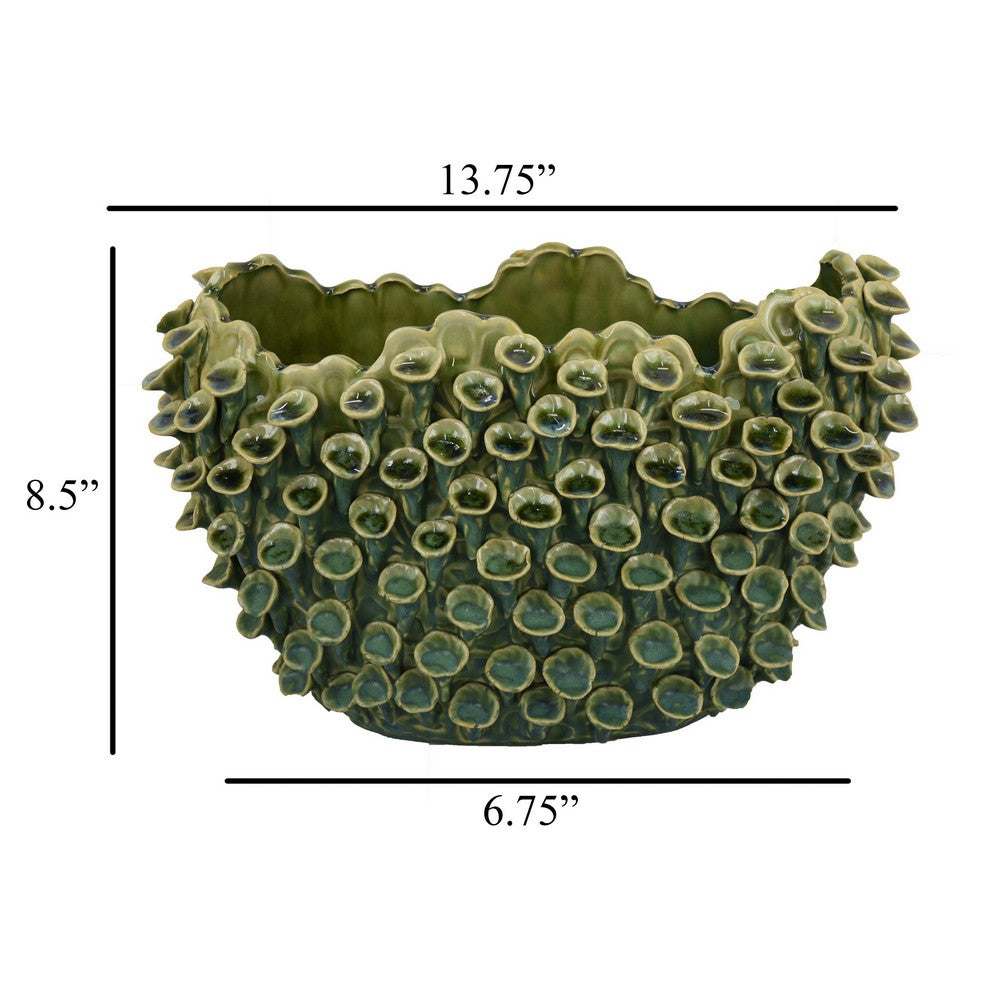 Nina Decorative Bowl, Textured Green Ceramic, Abstract Coral 14 Inch -BM331053