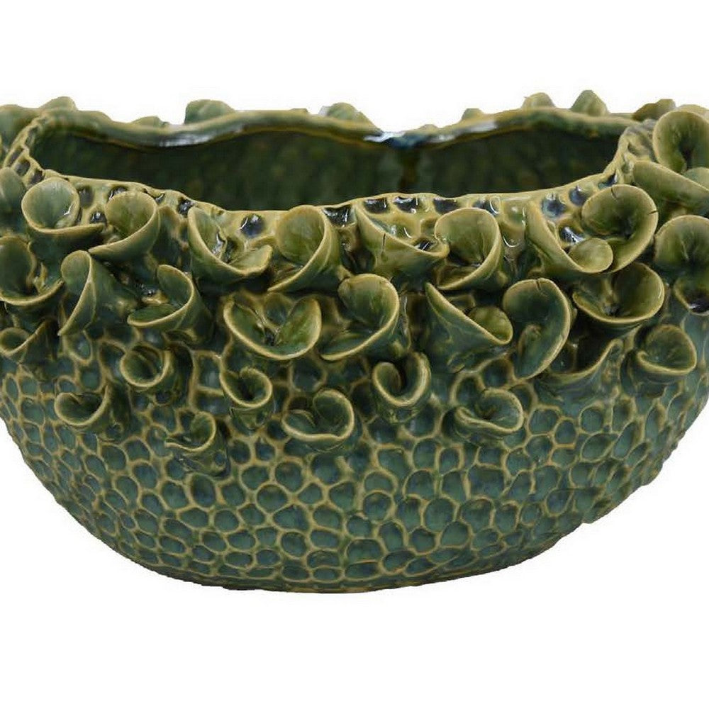 Nina Decorative Bowl, Textured Green Ceramic, Abstract Floral 13 Inch -BM331054