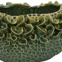 Nina Decorative Bowl, Textured Green Ceramic, Abstract Floral 13 Inch -BM331054