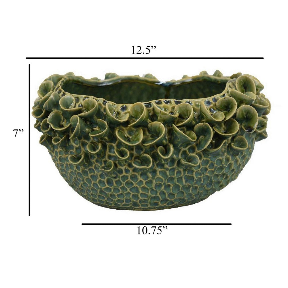 Nina Decorative Bowl, Textured Green Ceramic, Abstract Floral 13 Inch -BM331054