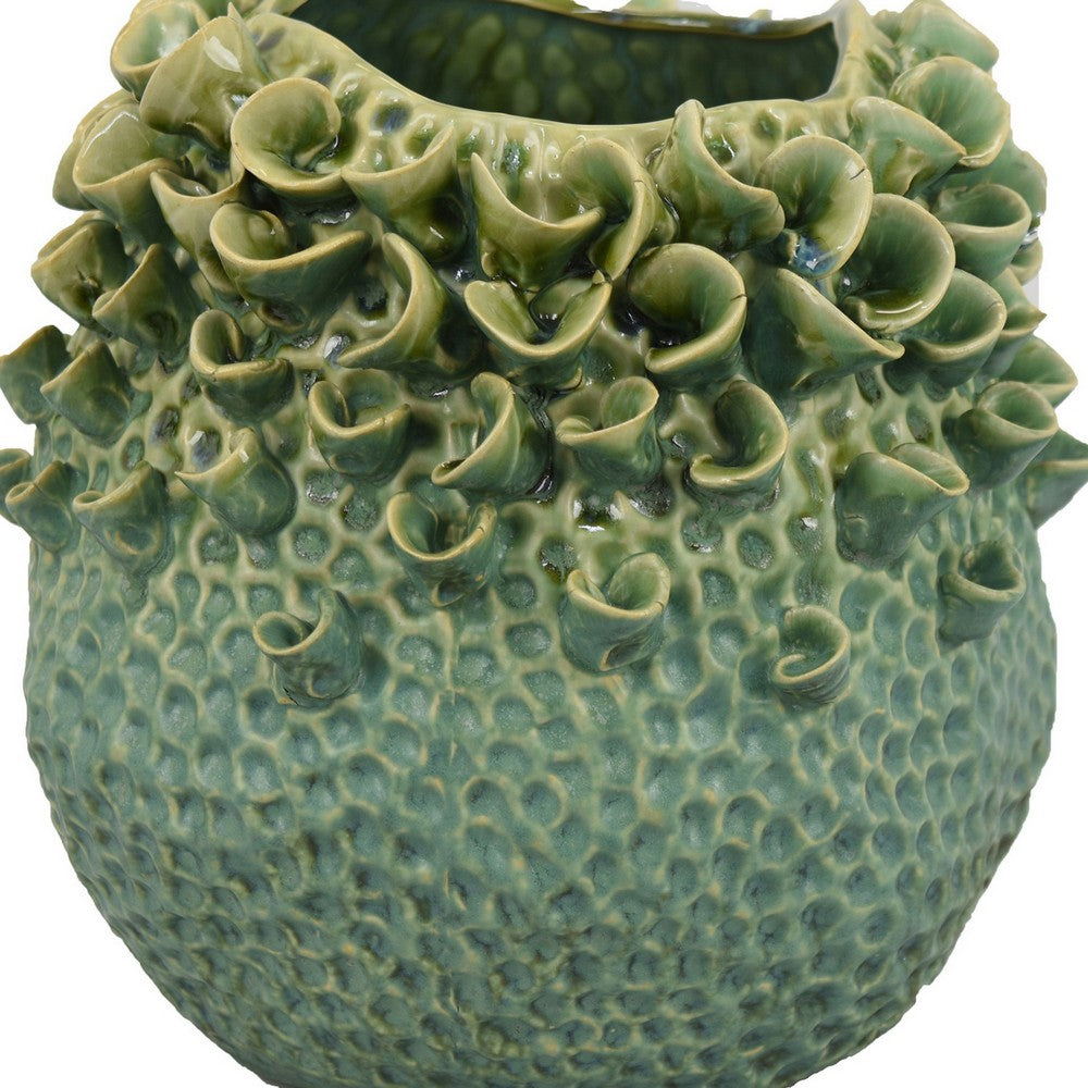 Nina Vase, Green Ceramic, Textured Accents, Abstract Floral 11 Inch -BM331055