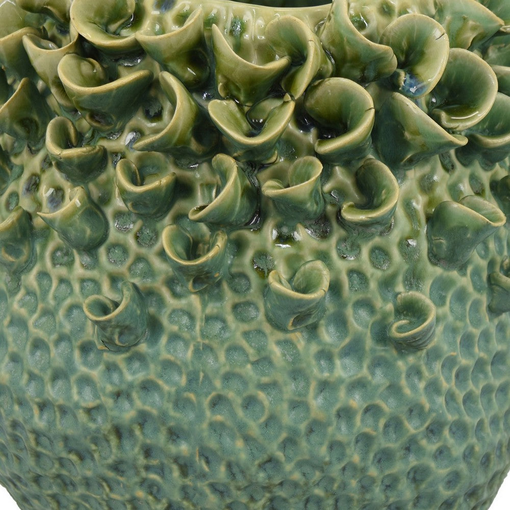 Nina Vase, Green Ceramic, Textured Accents, Abstract Floral 11 Inch -BM331055