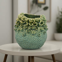 Nina Vase, Green Ceramic, Textured Accents, Abstract Floral 11 Inch -BM331055