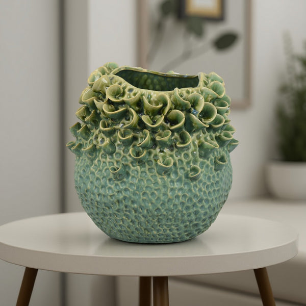 Nina Vase, Green Ceramic, Textured Accents, Abstract Floral 11 Inch -BM331055