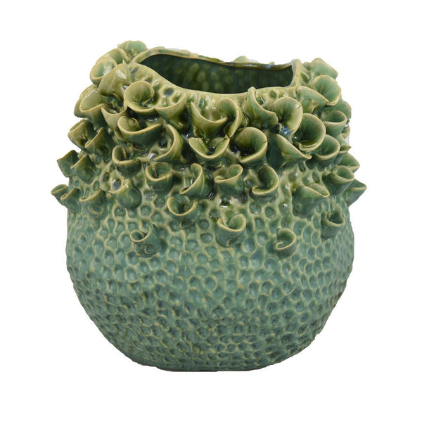 Nina Vase, Green Ceramic, Textured Accents, Abstract Floral 11 Inch -BM331055