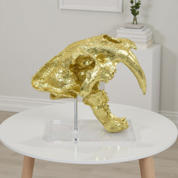 Rimaa Sabertooth Tiger Tabletop Decor, Gold Resin, Acrylic, 13 Inch -BM331062