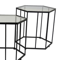 Kellie Plant Stand Table Set of 3, Black Metal, Hexagon Glass Tops -BM331065