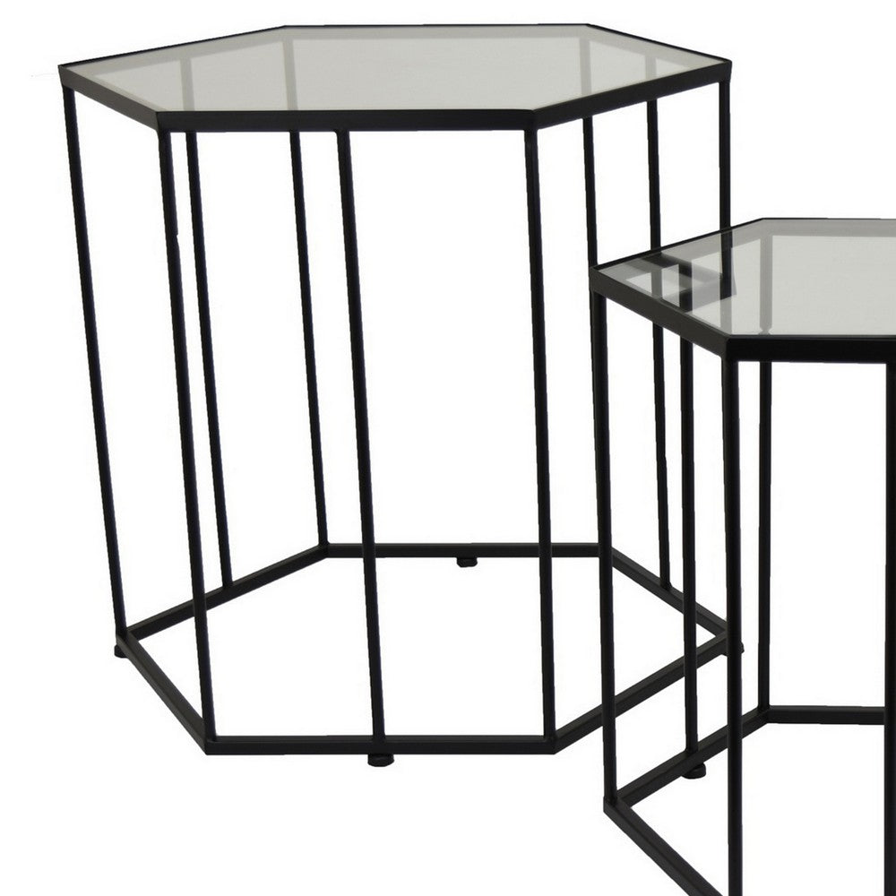 Kellie Plant Stand Table Set of 3, Black Metal, Hexagon Glass Tops -BM331065