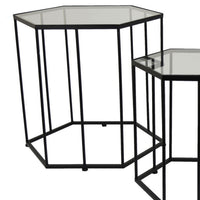 Kellie Plant Stand Table Set of 3, Black Metal, Hexagon Glass Tops -BM331065
