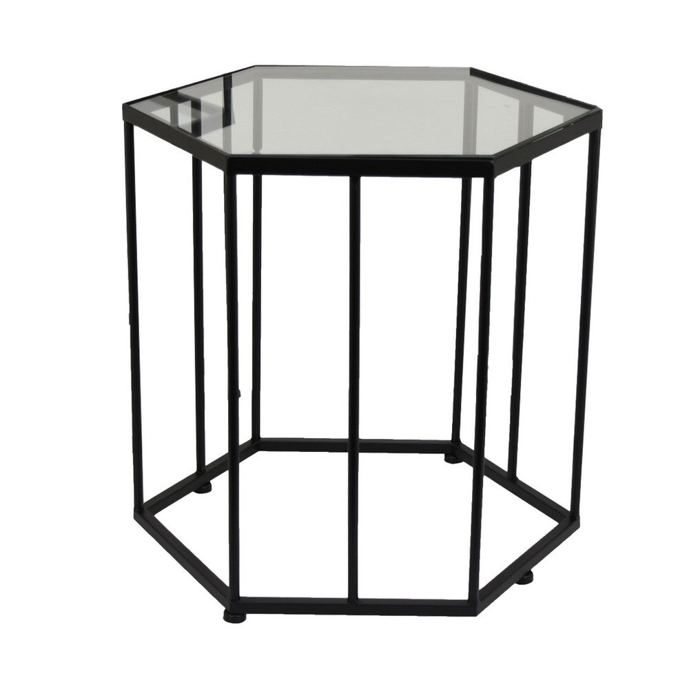 Kellie Plant Stand Table Set of 3, Black Metal, Hexagon Glass Tops -BM331065