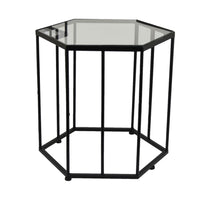 Kellie Plant Stand Table Set of 3, Black Metal, Hexagon Glass Tops -BM331065