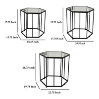Kellie Plant Stand Table Set of 3, Black Metal, Hexagon Glass Tops -BM331065