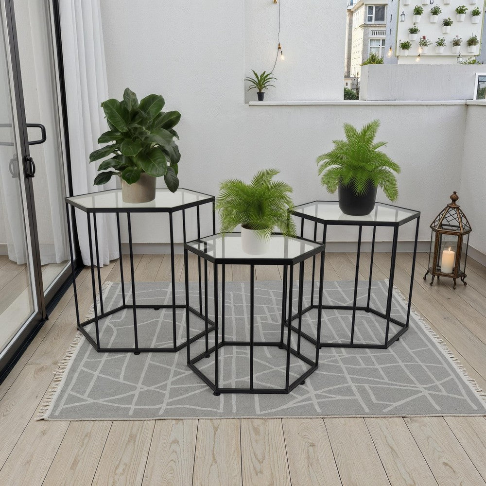 Kellie Plant Stand Table Set of 3, Black Metal, Hexagon Glass Tops -BM331065