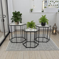 Kellie Plant Stand Table Set of 3, Black Metal, Hexagon Glass Tops -BM331065