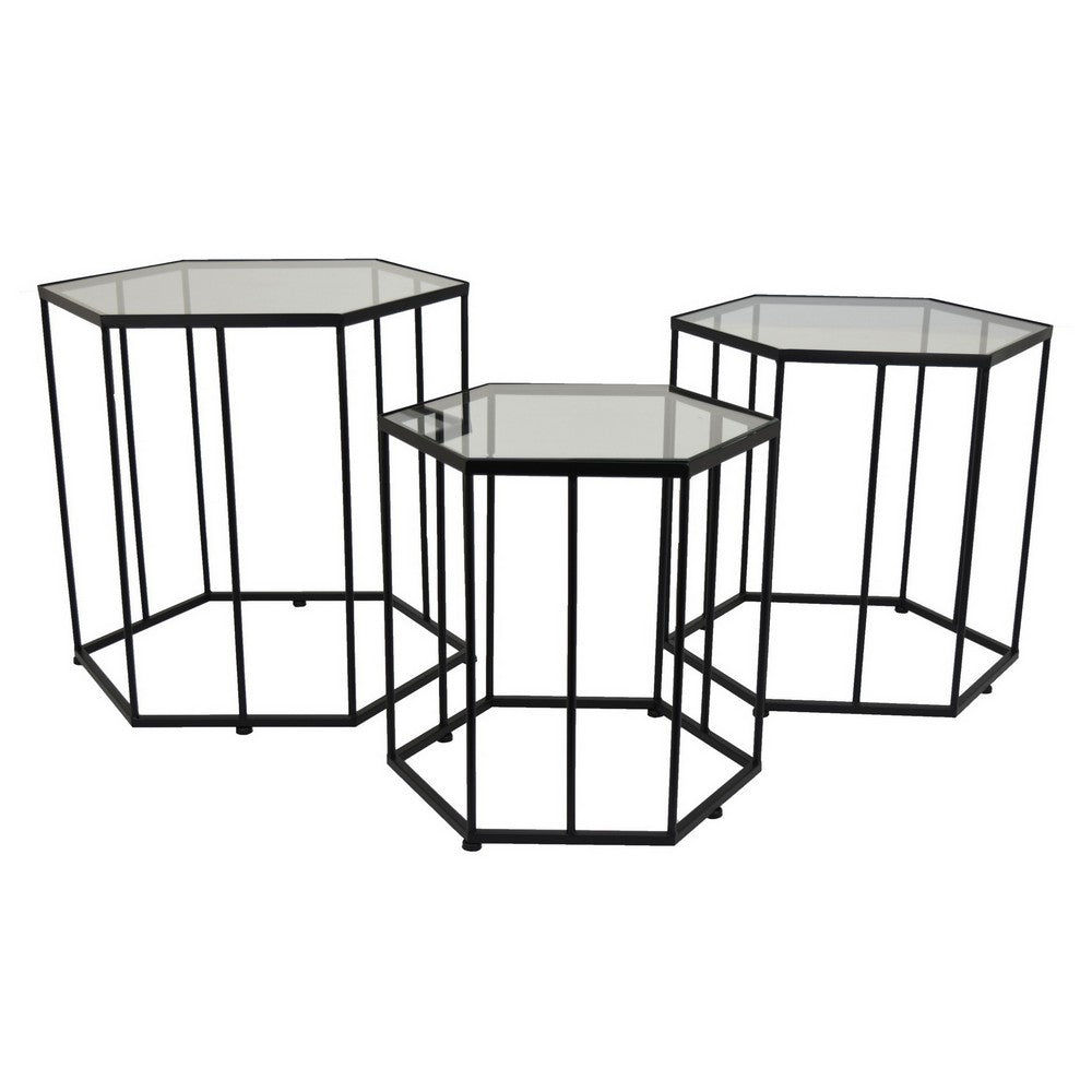 Kellie Plant Stand Table Set of 3, Black Metal, Hexagon Glass Tops -BM331065