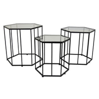Kellie Plant Stand Table Set of 3, Black Metal, Hexagon Glass Tops -BM331065