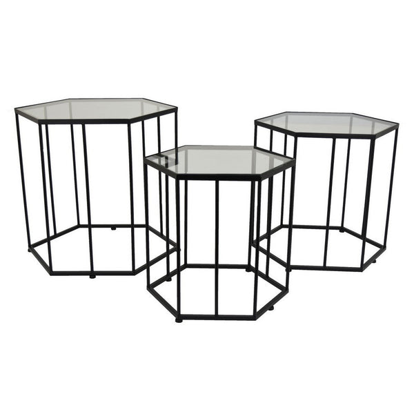 Kellie Plant Stand Table Set of 3, Black Metal, Hexagon Glass Tops -BM331065