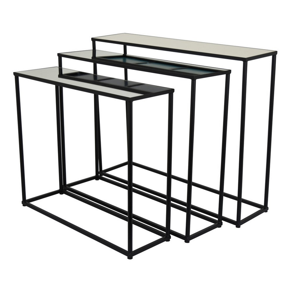 Kellie Nesting Plant Stand Table Set of 3, Black Metal, Glass Tops -BM331066