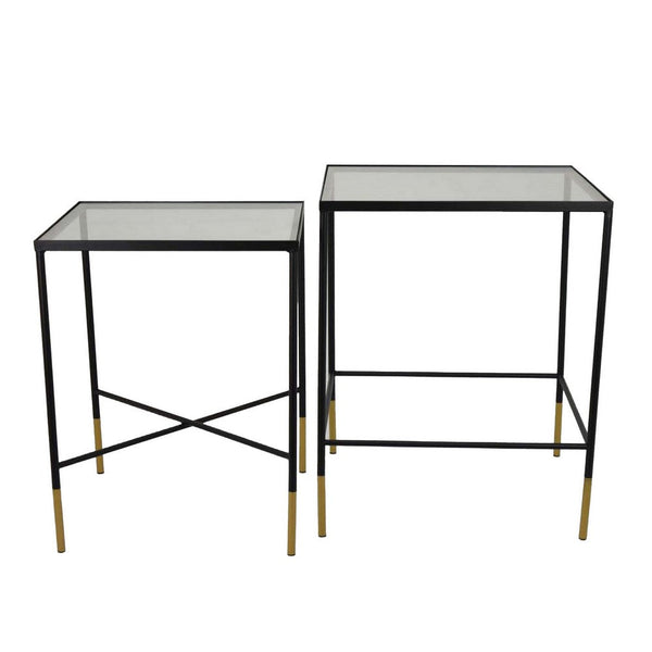 Kellie Plant Stand Table Set of 2, Black Metal with Clear Glass Tops -BM331068