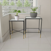 Kellie Plant Stand Table Set of 2, Black Metal with Clear Glass Tops -BM331068