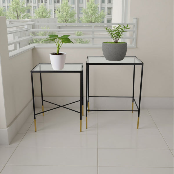 Kellie Plant Stand Table Set of 2, Black Metal with Clear Glass Tops -BM331068