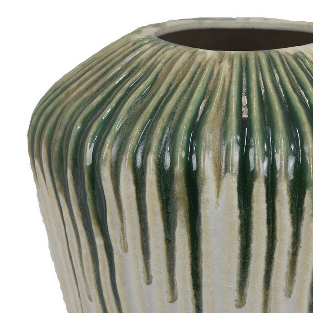 Hermi Ceramic Vase, Green and White Ribbed Texture Ceramic, 14 Inch -BM331071