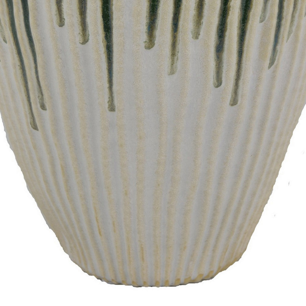 Hermi Ceramic Vase, Green and White Ribbed Texture Ceramic, 14 Inch -BM331071