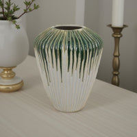 Hermi Ceramic Vase, Green and White Ribbed Texture Ceramic, 14 Inch -BM331071