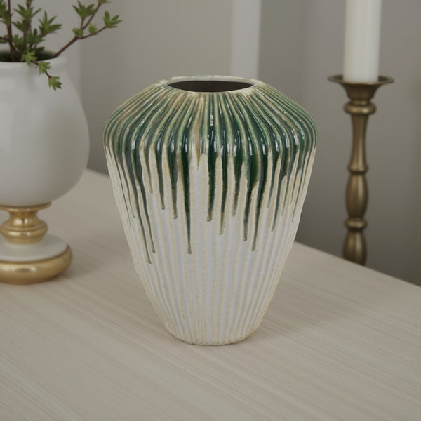 Hermi Ceramic Vase, Green and White Ribbed Texture Ceramic, 14 Inch -BM331071