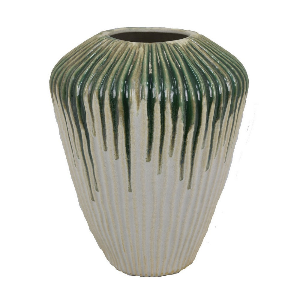 Hermi Ceramic Vase, Green and White Ribbed Texture Ceramic, 14 Inch -BM331071