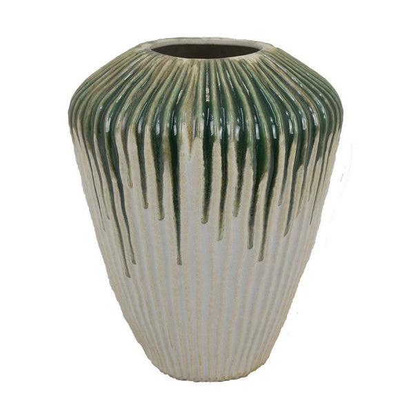 Hermi Ceramic Vase, Green and White Ribbed Texture Ceramic, 14 Inch -BM331071