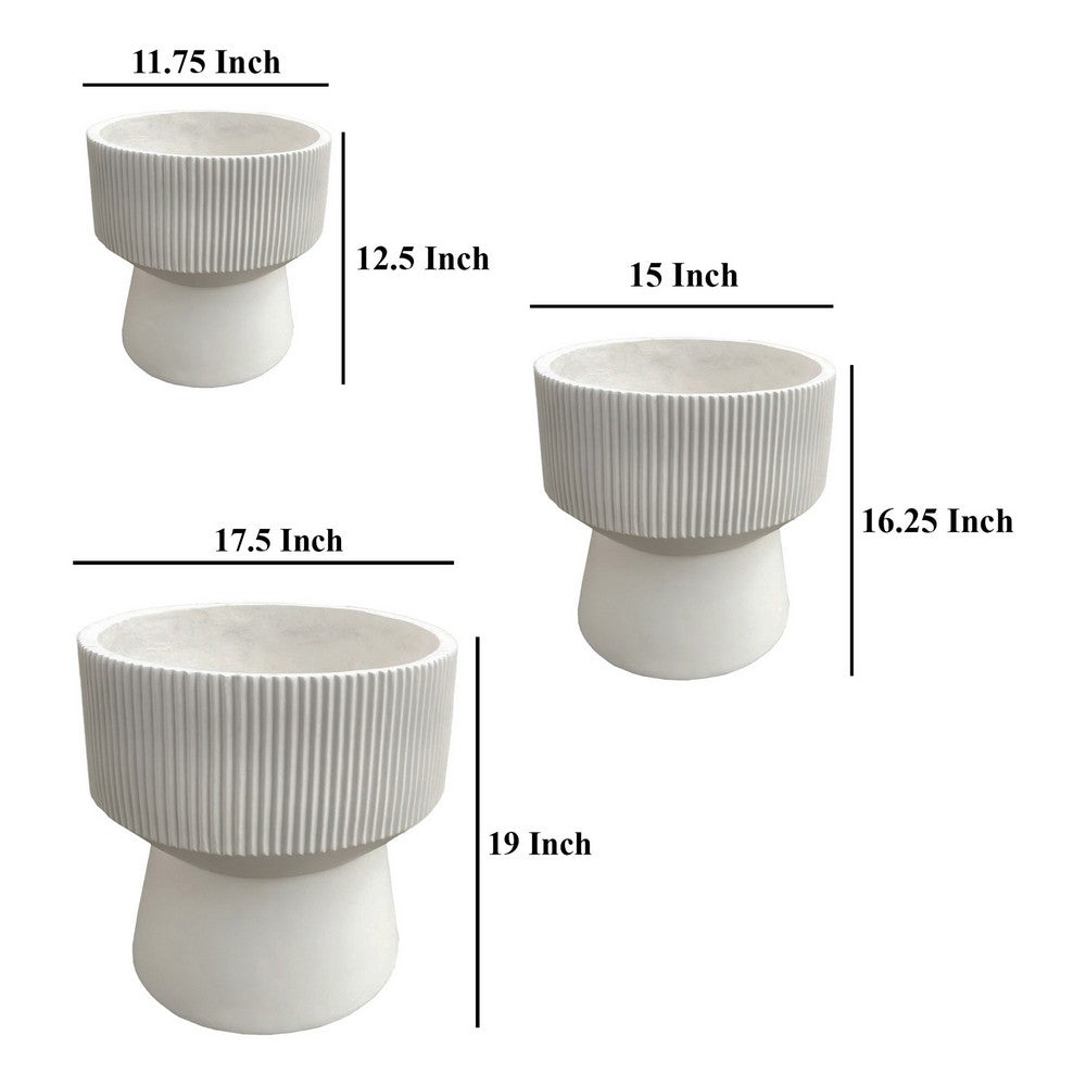 Keyan Accent Planter Set of 3, White Resin Ribbed Design, Tapered Base -BM331072