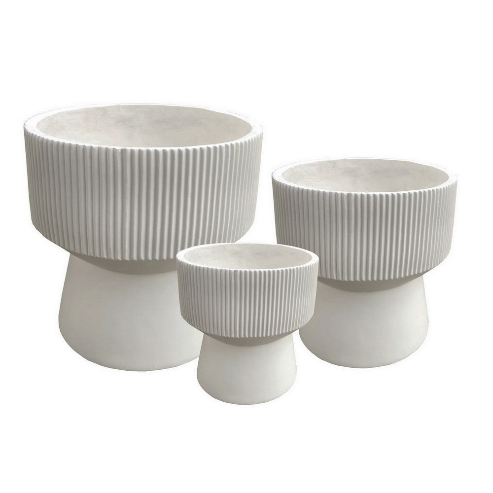 Keyan Accent Planter Set of 3, White Resin Ribbed Design, Tapered Base -BM331072