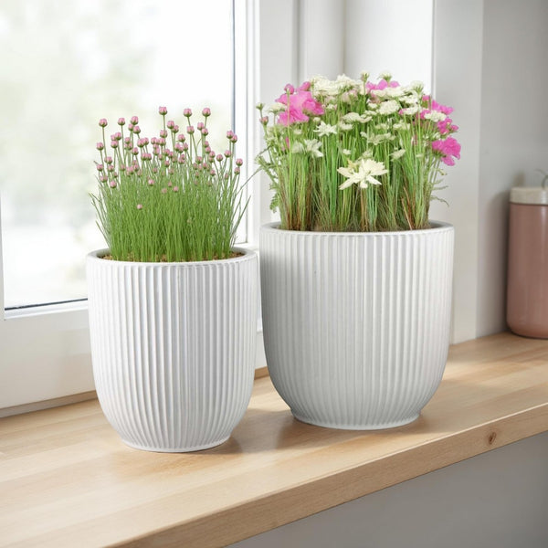 Lyna Accent Planter Set of 2, White Ceramic, Vertical Ribbed Texture -BM331077
