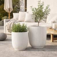 Lyna Accent Planter Set of 2, White Ceramic, Vertical Ribbed Texture -BM331077