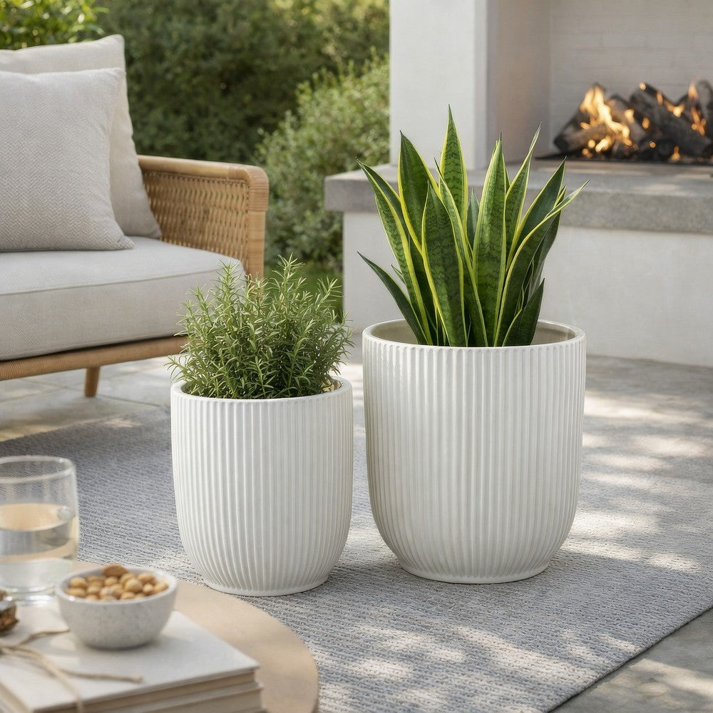 Lyna Accent Planter Set of 2, White Ceramic, Vertical Ribbed Texture -BM331077