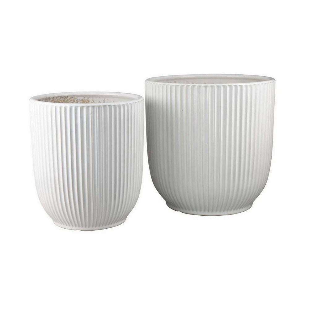 Lyna Accent Planter Set of 2, White Ceramic, Vertical Ribbed Texture -BM331077