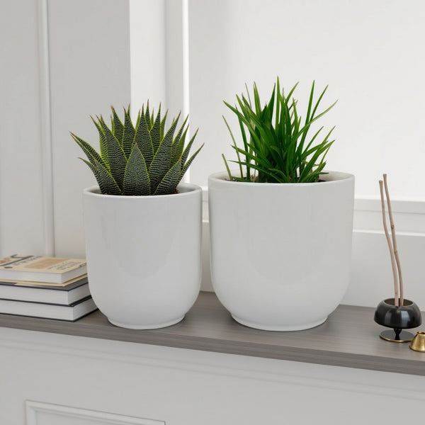 Lyna Accent Planter Set of 2, White Ceramic, Smooth Glossy Texture -BM331079