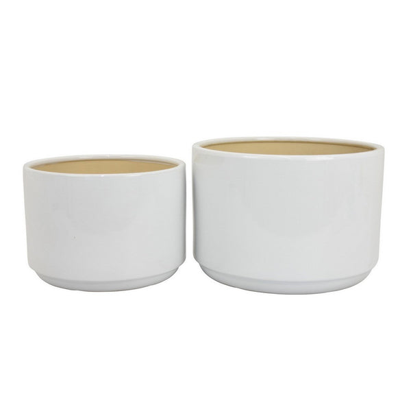 Accent Planter Set of 2, Wide Base, Modern Minimalist White Ceramic -BM331081