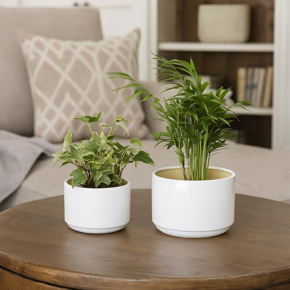 Accent Planter Set of 2, Wide Base, Modern Minimalist White Ceramic -BM331081