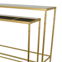 Mihir Plant Stand Table Set of 2, Gold Metal, Sleek Clear Glass Tops -BM331087