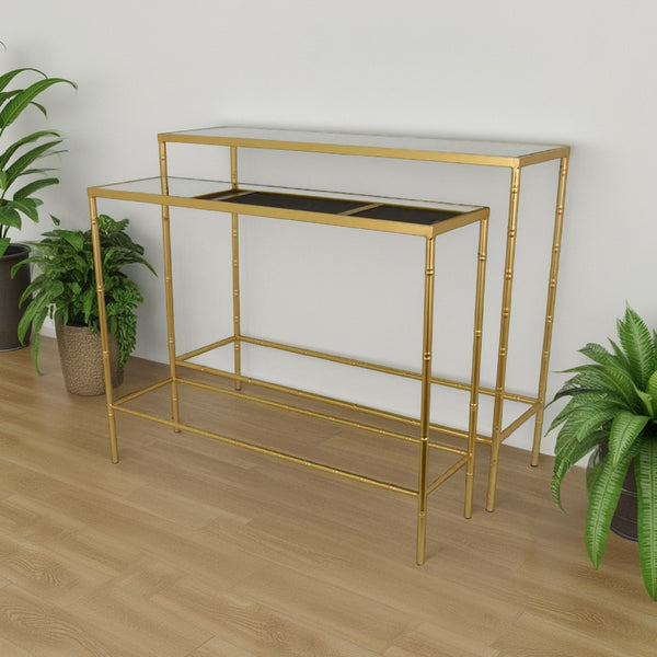 Mihir Plant Stand Table Set of 2, Gold Metal, Sleek Clear Glass Tops -BM331087