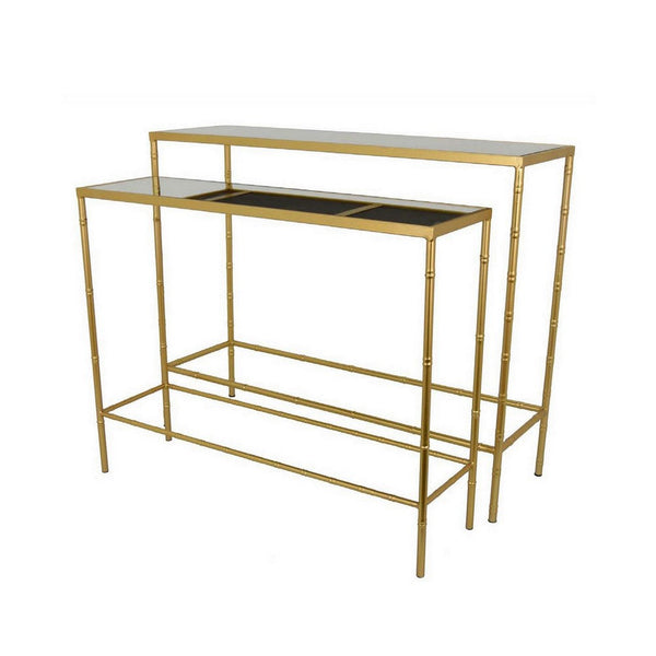 Mihir Plant Stand Table Set of 2, Gold Metal, Sleek Clear Glass Tops -BM331087
