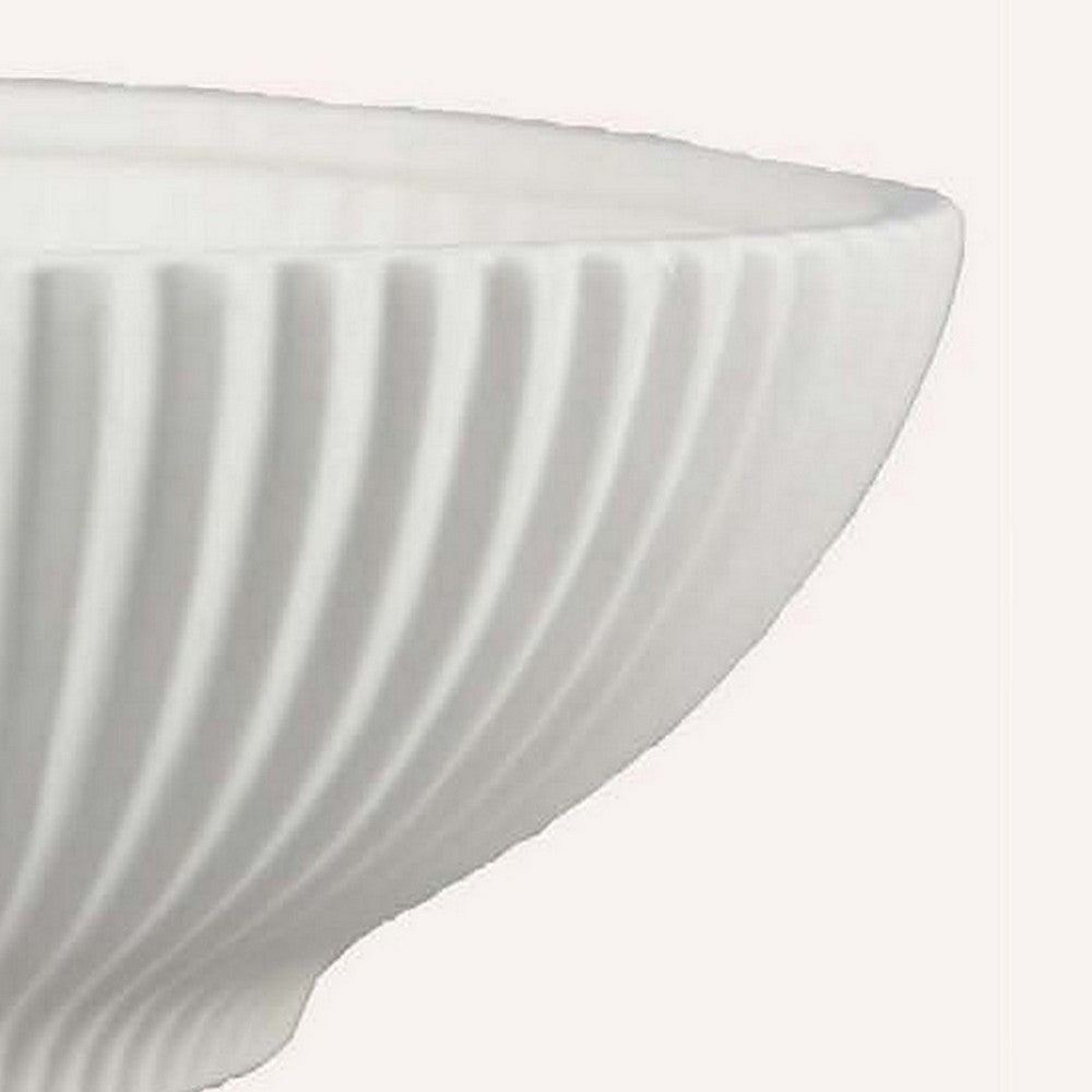 Zinia Decorative Bowl, Glossy White Ceramic Fluted Texture, 13 Inch -BM331088