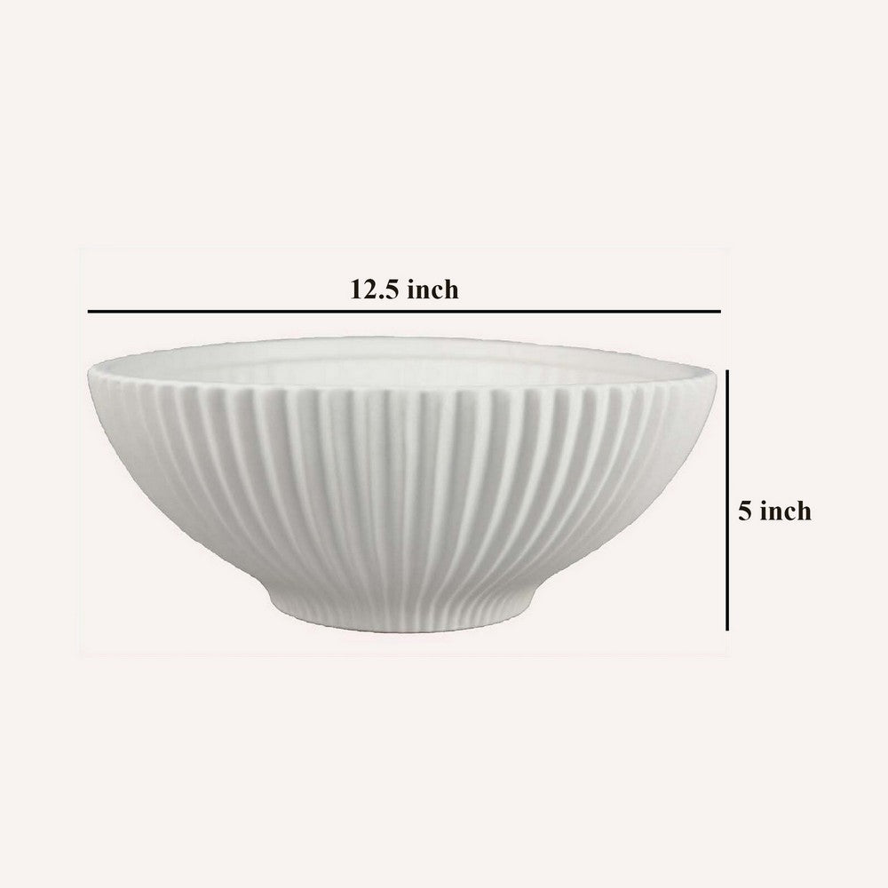 Zinia Decorative Bowl, Glossy White Ceramic Fluted Texture, 13 Inch -BM331088