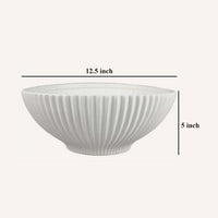 Zinia Decorative Bowl, Glossy White Ceramic Fluted Texture, 13 Inch -BM331088