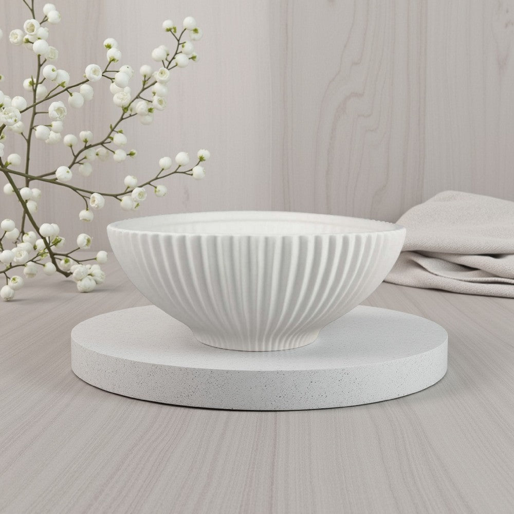 Zinia Decorative Bowl, Glossy White Ceramic Fluted Texture, 13 Inch -BM331088